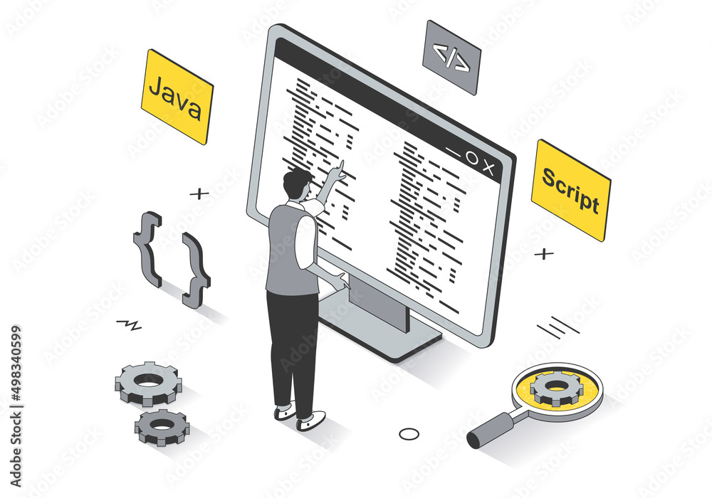 Leinwandbilder Development concept in 3d isometric outline design. Developer programs and writes code in Java, creates spripts, engineering and optimizes, line web template. Illustration with people scene