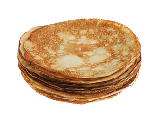 Stack of delicious crepes on white background