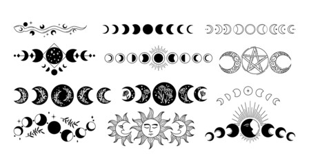 Mystical moon phases isolated cliparts bundle, celestial magic boho moon collection, Phase of the Moon set, silhouettes of luna, esoteric objects - black and white vector - obrazy, fototapety, plakaty