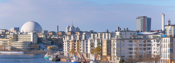 Panorama view over the district Hammarby sjö with apartments, boats and the Globen, Avicii, arena...