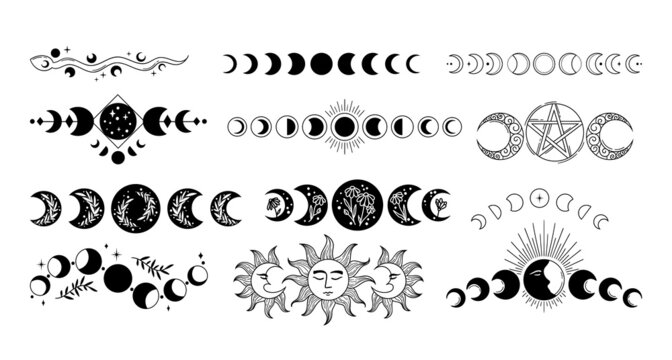 Mystical moon phases isolated cliparts bundle, celestial magic boho moon collection, Phase of the Moon set, silhouettes of luna, esoteric objects - black and white vector
