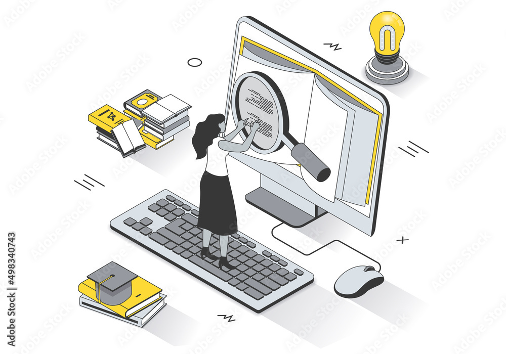 Aufkleber Education concept in 3d isometric outline design. Student learning online, studying textbook on computer, reading book and preparing for exams, line web template. Illustration with people scene