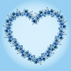Graphic illustration of blue watercolor roses in the shape of a heart isolated on gradient blue background.