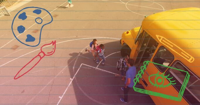 Animation of palette and brush over diverse pupils walking into school bus