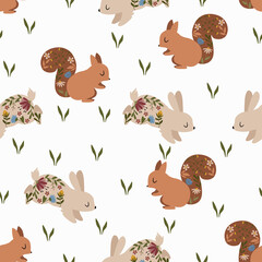 seamless pattern with floral bunny and squirrel