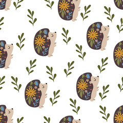 seamless pattern with floral hedgehog on the white background