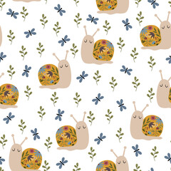 seamless pattern with floral snail and butterfly