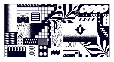 Abstract surreal black background combined from pieces of memphis patterns and geometric shapes