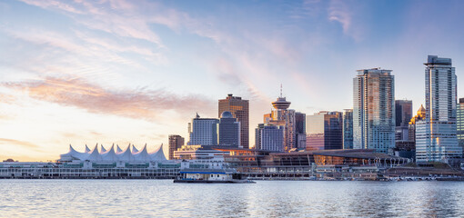 Panoramic View of Modern City Building Skyline on West Coast Pacific Ocean. Dramatic Sunrise Sky Art Render. Stanley Park, Coal Harbour, Downtown Vancouver, British Columbia, Canada. - obrazy, fototapety, plakaty