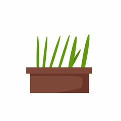 Small green seedlings grow in a wooden box. Vector cartoon illustration