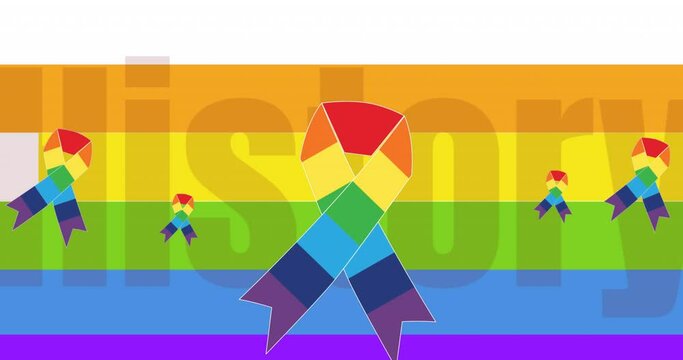 Animation of lgtb history month text with ribbons on rainbow background