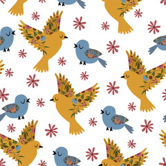 seamless pattern with yellow and blue birds on the white background