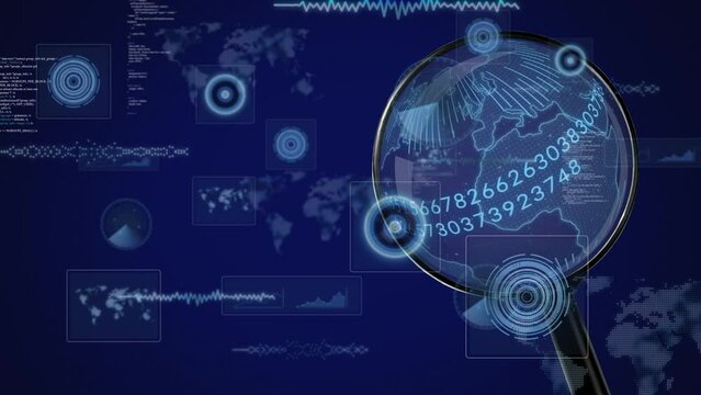 Animation of financial data processing and magnifying glass over navy background