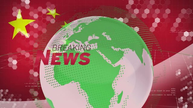 Animation of globe and breaking news over flag of china