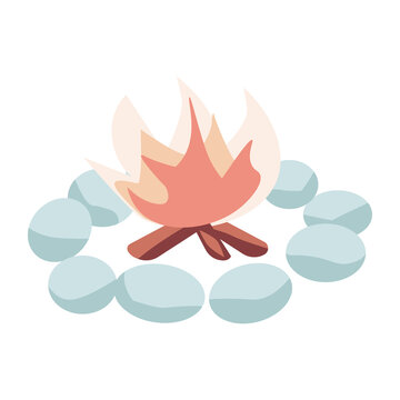 Campfire surrounded by stones semi flat color vector object. Encampment. Camping trip. Full sized item on white. Simple cartoon style illustration for web graphic design and animation