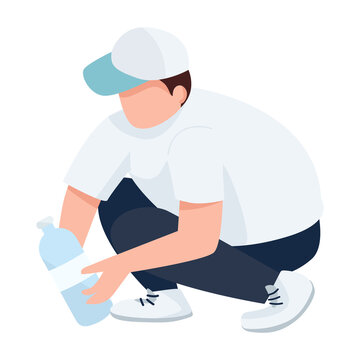 Boy collecting plastic bottle on beach semi flat color vector character. Sitting figure. Full body person on white. Simple cartoon style illustration for web graphic design and animation