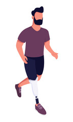Active man jogging with prosthetic leg semi flat color vector character. Running figure. Full body person on white. Simple cartoon style illustration for web graphic design and animation
