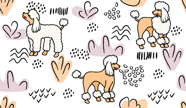 Seamless pattern with dogs of the Poodle breed and abstract doodle objects.Modern trendy background and texture for printing on fabrics and paper.Hand drawn vector cartoon isolated illustration.