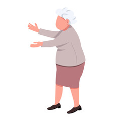 Elderly lady stretching arms forward semi flat color vector character. Posing figure. Full body person on white. Simple cartoon style illustration for web graphic design and animation