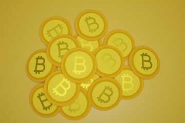 Bitcoin 3D render, bitcoin coins, yellow bacground.