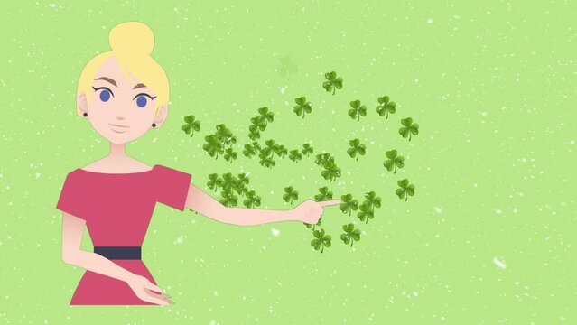 Animation of woman talking over clover icons