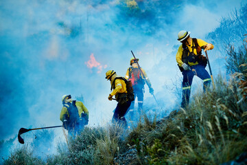 Combating the flames. Shot of fire fighters combating a wild fire.