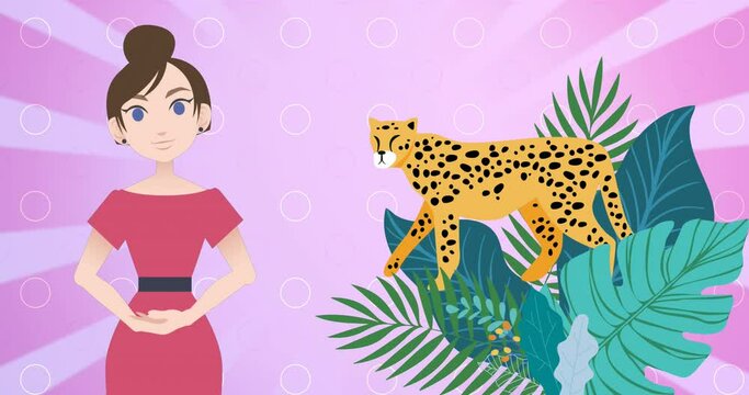 Animation of woman talking over plant and cheetah icons