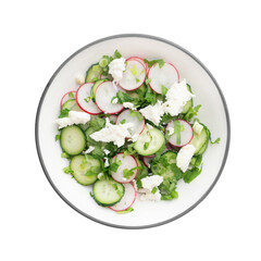 Spring salad of cucumbers and radishes in a white plate on a white background
