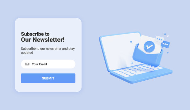Subscribe to newsletter banner template with laptop and letter envelope. Email business marketing concept. Subscription to news and promotions. Registration form. Web button mockup. 3D Rendering