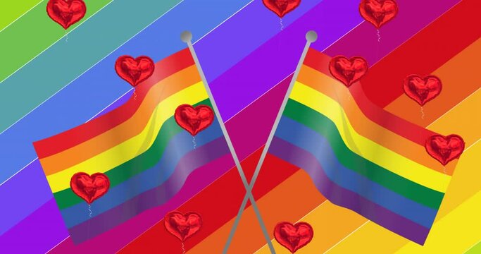 Animation of falling hearts over rainbow and flags
