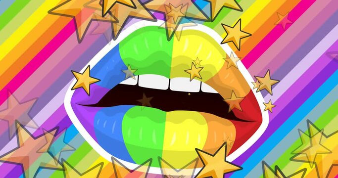 Animation of falling stars and mouths over rainbow