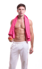 Fototapeta premium body of a young caucasian male athletic naked to the waist isolated on white background