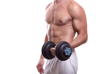 Fototapeta na wymiar body of a young caucasian male athletic naked to the waist isolated on white background holding a heavy dumbbell