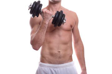 Fototapeta na wymiar body of a young caucasian male athletic naked to the waist isolated on white background holding a heavy dumbbell