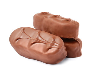 Delicious milk chocolate candy bars on white background