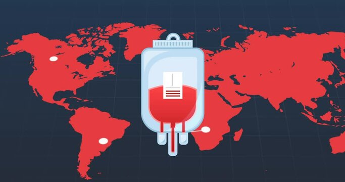 Animation of blood donation logo and text over world map