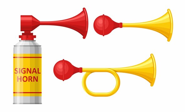 Signal horn set isolated on white background. Air horn, sound signal. Rubber bike klaxon trumpet. Vector illustration
