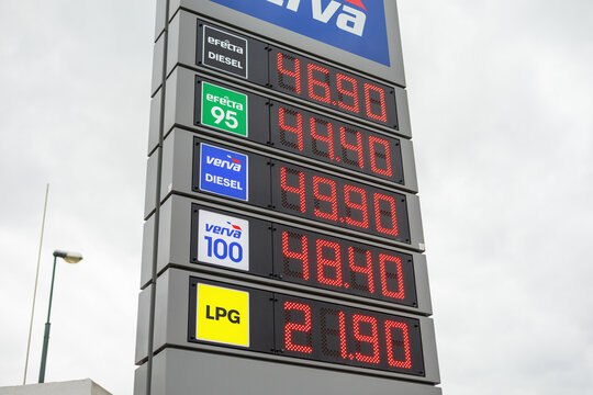 Prague, Czech Republic, Czechia - April 7, 2022: Gas and petrol station - prices on electronic display board pylon. Expensive fuel.