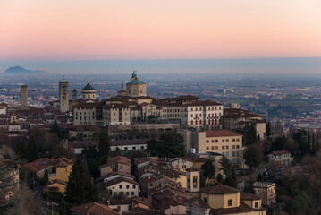 Fototapeta na wymiar Aerial view postcard upper town Bergamo sunset