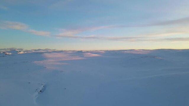 The flight above snowfield in rose sunlight