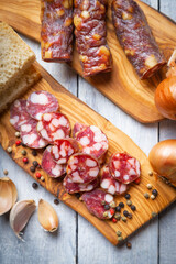 Slices of cured meat sausage