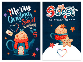 Christmas watercolor cards. Cozy new year. Tea set for Christmas.