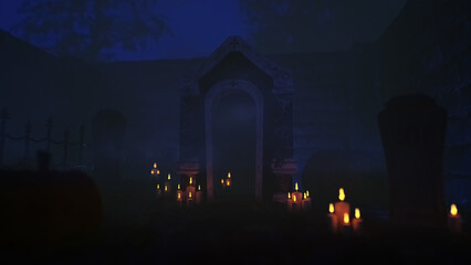 Crypt with candlelights on a misty night. 3D render.
