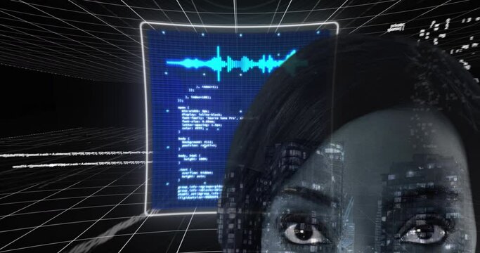 Animation of data processing over biracial woman