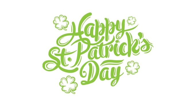 Animation of happy st patrick's day text with clover leaves on white background