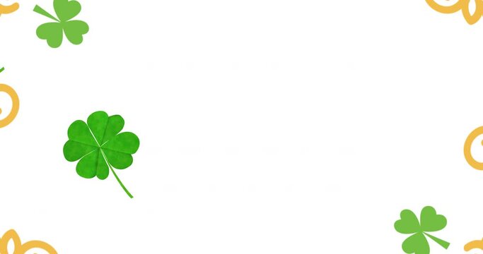 Animation of spinning yellow round frame and multiple clover leaves falling on white background
