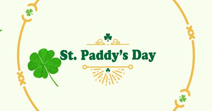 Animation of happy st paddy's day text with clover leaves and yellow round frame on white background