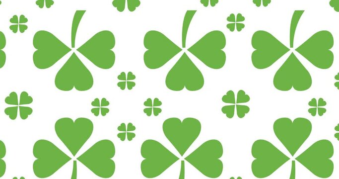 Animation of multiple clover leaves moving in formation on white background