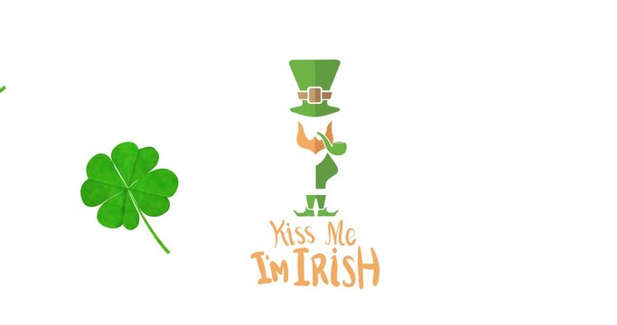 Animation of kiss me i'm irish text with leprechaun and clover leaves on white background
