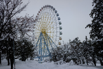 view of ferris wheel, under snowfall in winter park